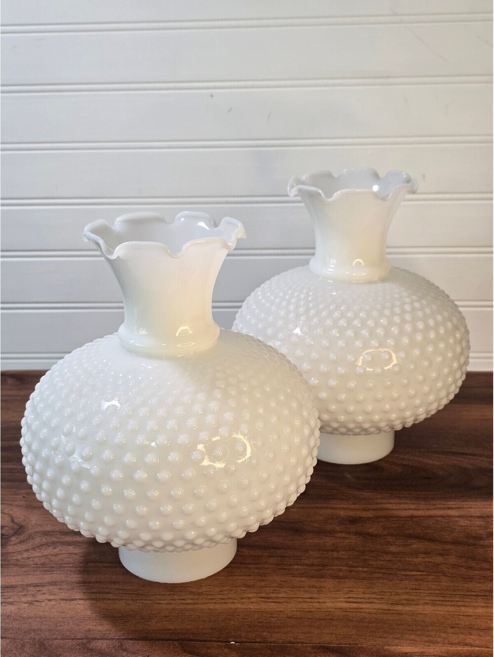 Pair of White Milk Glass Hobnail Lamp Shades Ruffled Hurricane Globe Shades